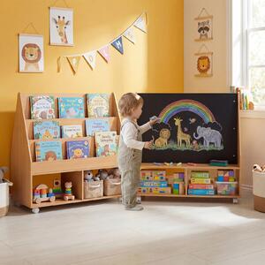 Costway Libreria montessori con lavagna per bambini, Scaffale portagiochi con ruote con ripiani e scomparti in legno Naturale