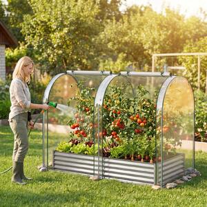 Costway Orto rialzato da giardino con serra drenaggio, Fioriera esterno in metallo con copertura protettiva per piante fiori Argento