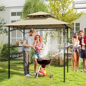 Costway Gazebo barbecue con 2 ripiani laterali cestino ganci appendiutensili, Tendone da esterno per barbecue 242x153cm Beige