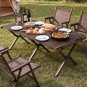 Costway Tavolo da picnic pieghevole e portatile a 4-6 posti, Tavolo da campeggio in legno massello con piano arrotolabile Marrone