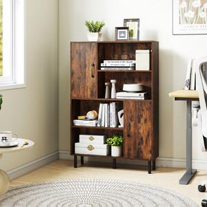 Costway Credenza mobile da cucina con 2 ante 4 ripiani aperti e 5 gambe in metallo, Libreria verticale in legno Marrone