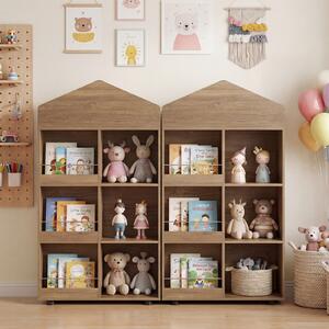 Costway Libreria per bambini a 4 livelli con vano superiore 3 grandi scomparti 3 ripiani per libri e 3 scomparti laterali, Scaffale portaoggetti Naturale
