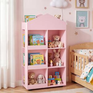 Costway Libreria per bambini a 4 livelli con vano superiore 3 grandi scomparti 3 ripiani per libri e 3 scomparti laterali, Scaffale portaoggetti Rosa