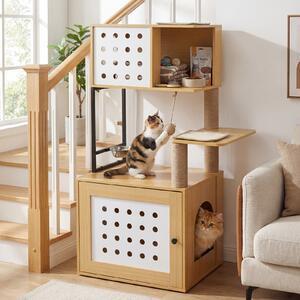 Costway Hsmobile lettiera gatti multilivello con ciotola cuccia piattaforme di attività tiragraffi e giocattoli, Armadietto per toilette nascosta in legno Naturale