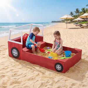 Costway Sabbiera per bambini in legno massello con panca e sedile senza fondo fodera inclusa forma di autopompa, Sabbionaia da esterno Rosso