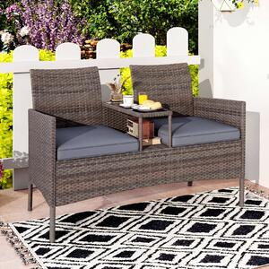 Costway Divano da esterno con tavolino integrato, Mobile in rattan per 2 persone con cuscini e piano in vetro temperato Grigio