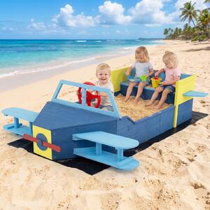 Costway Sabbiera per bambini in legno con fodera inferiore, Gioco da spiaggia a forma di aliante con panca elica timone e alette