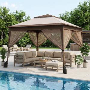 Costway Gazebo da giardino con pareti in rete struttura in metallo e borsa con ruote, Gazebo da esterno pieghevole altezza regolabile Marrone