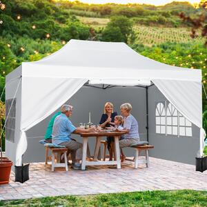 Costway Gazebo da giardino 3 x 4,5 m con 4 pareti laterali removibili, Gazebo da esterno pieghevole altezza regolabile Bianco