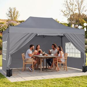 Costway Gazebo da giardino 3 x 4,5 m con 4 pareti laterali removibili, Gazebo da esterno pieghevole altezza regolabile Grigio