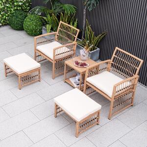 Costway Set salotto da giardino in pe rattan 5 pezzi telaio in metallo, Salottino esterno con 1 tavolino 2 poltrone 2 ottomani multiuso