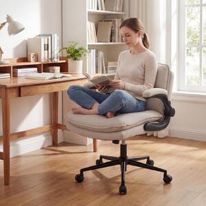 Costway Sedia da ufficio con funzione dondolo e altezza regolabile, Poltrona relax con braccioli ribaltabili e 5 ruote portata 150 kg Beige