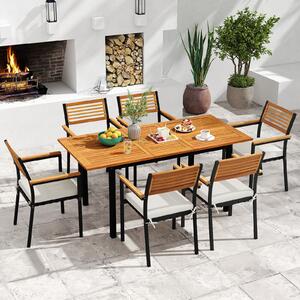 Costway Tavolo allungabile e 6 sedie da esterno tavolo con foro per ombrellone, Pranzo da giardino in legno massello e metallo