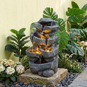 Costway Fontana da giardino a 5 Livelli con effetto di pietra a forma di roccia, Fontanella elettrica in resina con luci e flusso d'acqua regolabile