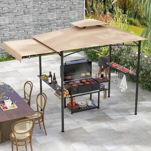 Costway Gazebo per barbecue con tendalino laterale tetto a 2 livelli 2 ripiani laterali, Rifugio per barbecue Beige