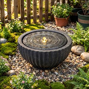Costway Fontana da giardino con effetto di pietra a forma di ciotola, Fontanella elettrica in resina con luci e flusso d'acqua regolabile