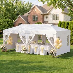 Costway Gazebo da esterno pieghevole 3 x 6 m con pareti rimovibili striscie riflettenti sacchi di sabbia, Tendone pop up regolabile in altezza Bianco