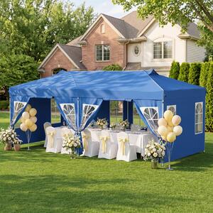 Costway Gazebo da esterno pieghevole 3 x 6 m con pareti rimovibili striscie riflettenti sacchi di sabbia, Tendone pop up regolabile in altezza Blu