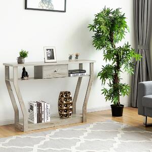 Costway Tavolo con cassetto e 3 ripiani da studio e ufficio, Consolle per ingresso e salone multiuso 120x30x81cm Grigio