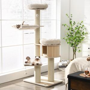 Costway Albero per gatti in legno massiccio da 174cm con pali sisal, Torre per gatti a 4 livelli Naturale