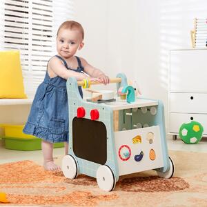Costway Primi passi per bambini in legno 6 in 1, Carrellino primi passi per spingere e tirare con cucina giocattolo Blu