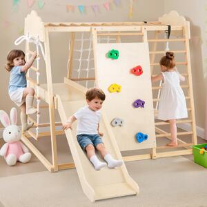 Costway Palestra da interno 8-in-1 con scivolo rimovibile, Giocattoli da arrampicata in legno per bambini 3+ anni Naturale