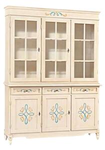 Cristalliera classica 3 porte legno avorio pennellato con decori 156x42x213