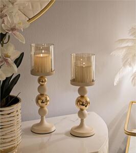 Porta Candele set due pezzi stile scultoreo GLAZED CREAM CM � 10x h 32-10x h36 sfere e dischi colore crema e Oro