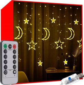 Tenda luminosa luci natalizie 138 LED bianco caldo 8 funzioni USB stella e luna