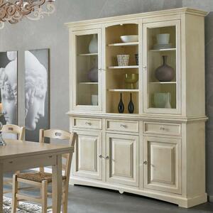 Cristalliera con vetrina in legno 3 ante shabby chic avorio anticato l.170 p.46 h.215