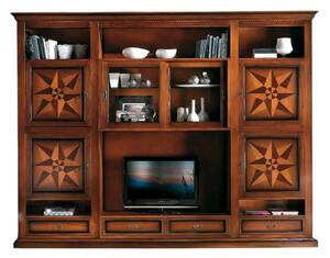 Parete attrezzata porta tv in legno tinta noce l.306 p.43 h.236