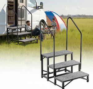 Scala di accesso per camper - Scala esterna a 3 gradini - Due corrimano - Portata 300 kg - Gradini antiscivolo - Per anziani e animali domestici - Per camper, roulotte e verande