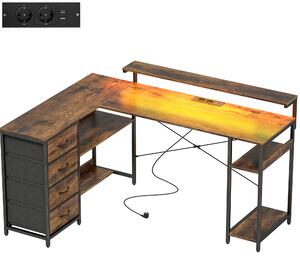 HOMCOM Scrivania Gaming a L con Presa di Corrente, Illuminazione LED, 4 Cassetti e Supporto Monitor, 155x110x91,4 cm, Marrone | Aosom Italy