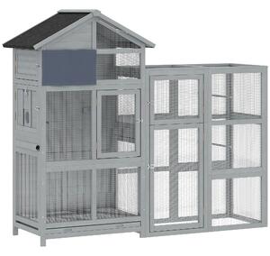 PawHut Voliera in Legno con 6 Posatoi, Scomparto, Cassetto Estraibile e Ciotole in Acciaio Inox, 196x60x164,5 cm, Grigio | Aosom Italy
