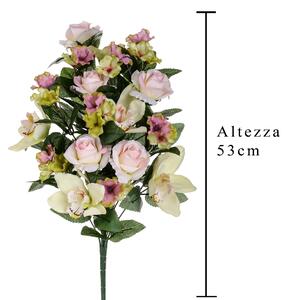 Set 2 Bouquet Artificiale Frontale di Rose e Cymbidium Altezza 53 cm Rosa