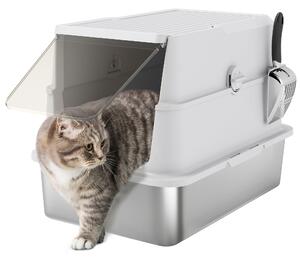 PawHut Lettiera per gatti, acciaio inossidabile, interno XL, con paletta, grigio chiaro | Aosom Italy