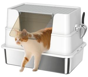 PawHut Lettiera per Gatti in Acciaio Inossidabile, Spazioso Interno XL, con Paletta, Grigio Chiaro | Aosom Italy