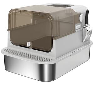 PawHut Lettiera per Gatti Chiusa XXL in Acciaio Inox, Coperchio Apribile a 90° e Doppie Porte, 70x50x46.5 cm, Grigio | Aosom Italy