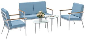 Outsunny Set da Esterno con Divano 2 Posti, 2 Poltrone e 2 Tavolini da Caffè in Vetro, Azzurro