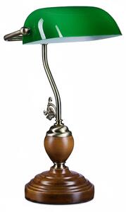 Lampada da scrivania Relaxdays con base in legno, lampada da scrivania retrò, effetto ottone, A x L x P: 26,5 x 43 x 18 cm, legno/vetro/metallo, verde