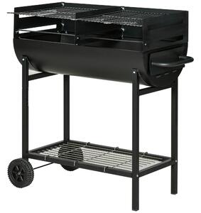 Outsunny Barbecue in Acciaio con 2 Griglie Indipendenti, 2 Ruote e Ripiano Inferiore | Nero | 90cm x 45cm x 96cm|Aosom