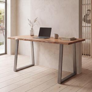 FineBuy scrivania 120x60x76 cm legno massiccio di acacia / metallo scrivania per computer bordo albero casa ufficio scrivania solida con gambe trapezoidali in legno cromato tavolo