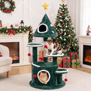 Costway Albero a tema natale per gatti alto 127 cm con 2 cuccie separate, Tiragraffi per gatti con 4 piattaforme a diverse altezze pali in sisal