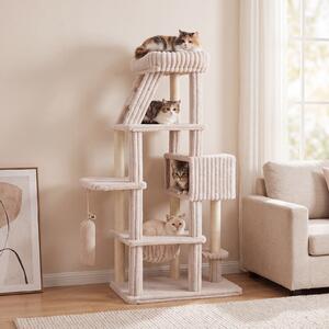 Costway Albero tiragraffi per gatti alto 180 cm design multilivelli, Torre per gatti grande con amaca e cuccia pali in sisal sacchetto sospeso Beige