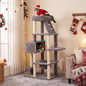 Costway Albero tiragraffi per gatti alto 180 cm design multilivelli, Torre per gatti grande con amaca e cuccia pali in sisal sacchetto sospeso Grigio