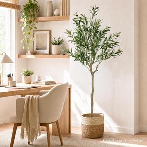 Costway Albero di ulivo artificiale da interno con vaso zavorrato, Pianta finta di oliva con olive realistiche foglie in seta e tronco naturale in pe 15 x 13 cm
