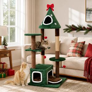 Costway Albero tiragraffi per gatti a tema natale con altezza 137 cm, Torre per gatti interno con 2 cuccie cuscino morbido rimovibile