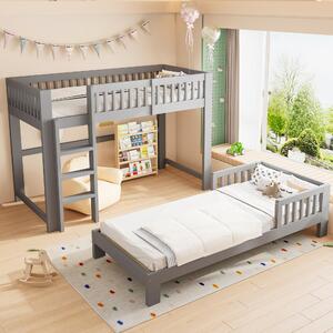Letto a castello okwish 90x200, modello Lexibel, combinabile, lettino per bambini con sponde di sicurezza, struttura grigia, senza materasso
