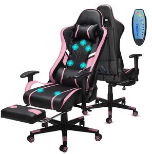 Sedia da gaming con funzione massaggio GC-RC03 - Sedia da ufficio ergonomica - Massaggio a 7 punti - Regolabile in altezza - Poggiapiedi e supporto lombare - Vera pelle - Nero e rosa