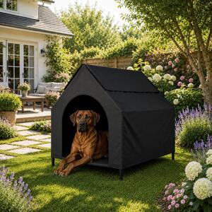 Cuccia per cani Belviona con tetto, lettino rialzato per cani, ideale per giardino, terrazza e balcone, resistente all'acqua e con una portata massima di 80 kg, dimensioni 130x85x113 cm, colore nero